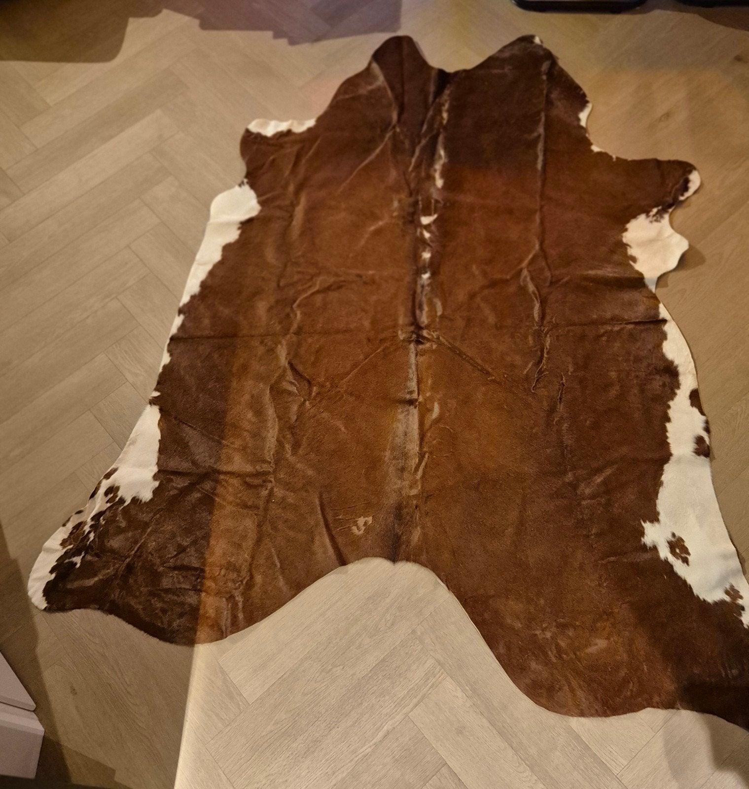 Koeienhuid Vloerkleed - Bruin/Wit, 150 tot 200 cm, 200 cm of meer, Ophalen of Verzenden, Zo goed als nieuw