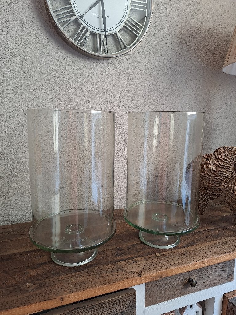Riviera Maison 2 grote glazen windlichten / lantaarns, Ophalen, Zo goed als nieuw, Glas