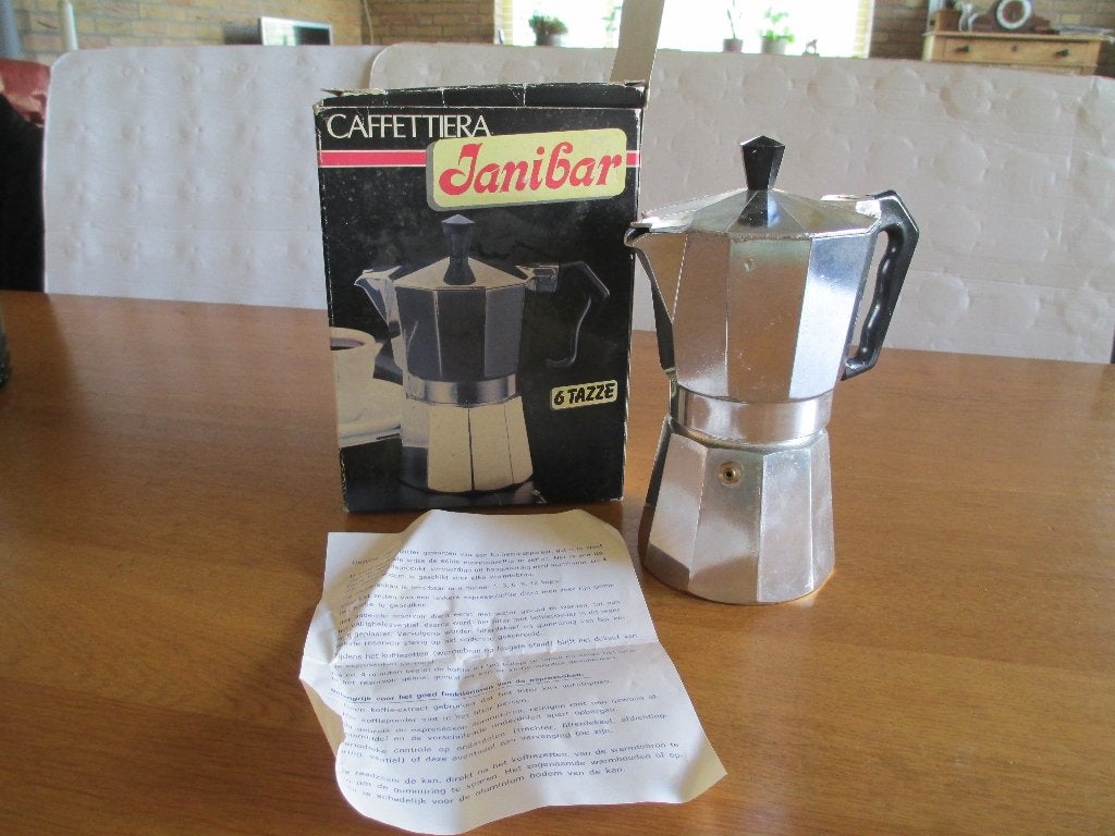 janibar 6 kops cafetiere - italie - in org. doos, Ophalen of Verzenden, Gebruikt, Zilver