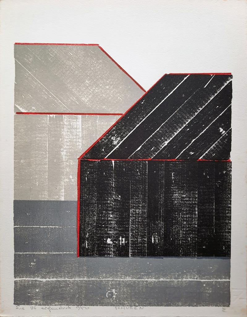 Schuren 8/50 e.d. - Kunstenaar: Eric van der Wal, Antiek en Kunst, 1950 - 1999, Stadsgezicht, Ophalen of Verzenden, Houtsnede
