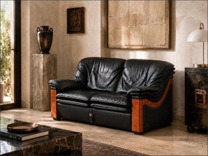 Paolo Gucci Formitalia tweezitsbank zwart leer wortelhout, Huis en Inrichting, Ophalen, Gebruikt, Postmodern, Italiaans design, jaren 90, Hollywood Regency