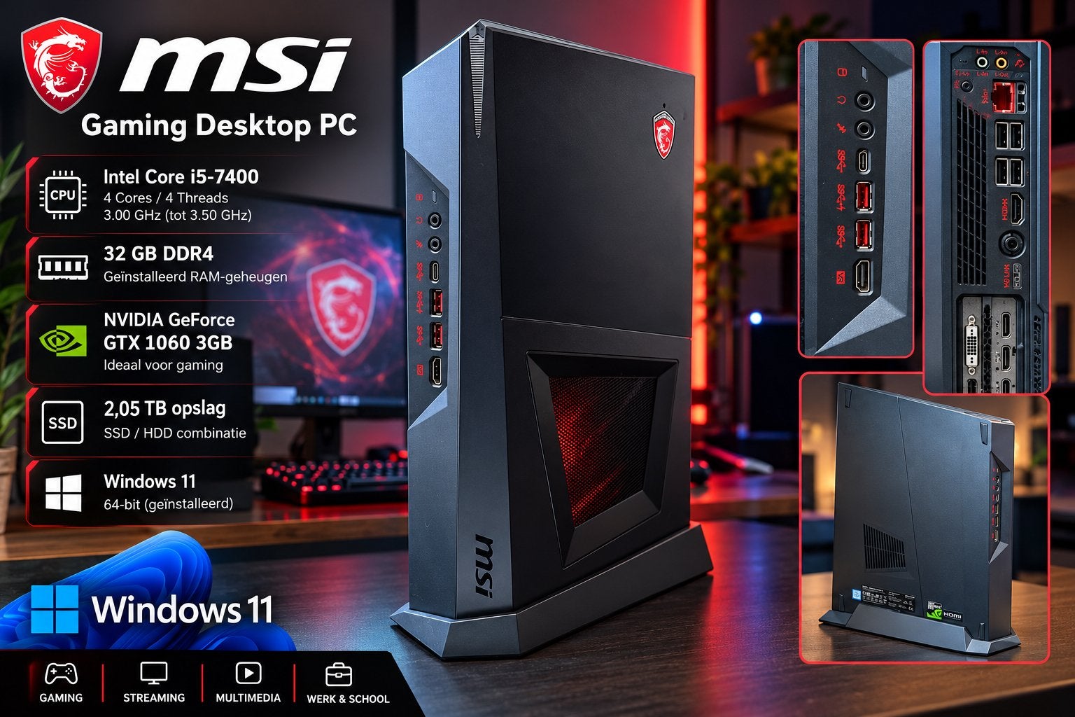 MSI Trident Gaming PC - i5-7400, 32GB RAM, GTX 1060, 2,25TB, Computers en Software, Gebruikt, MSI, Ophalen of Verzenden, 2 TB