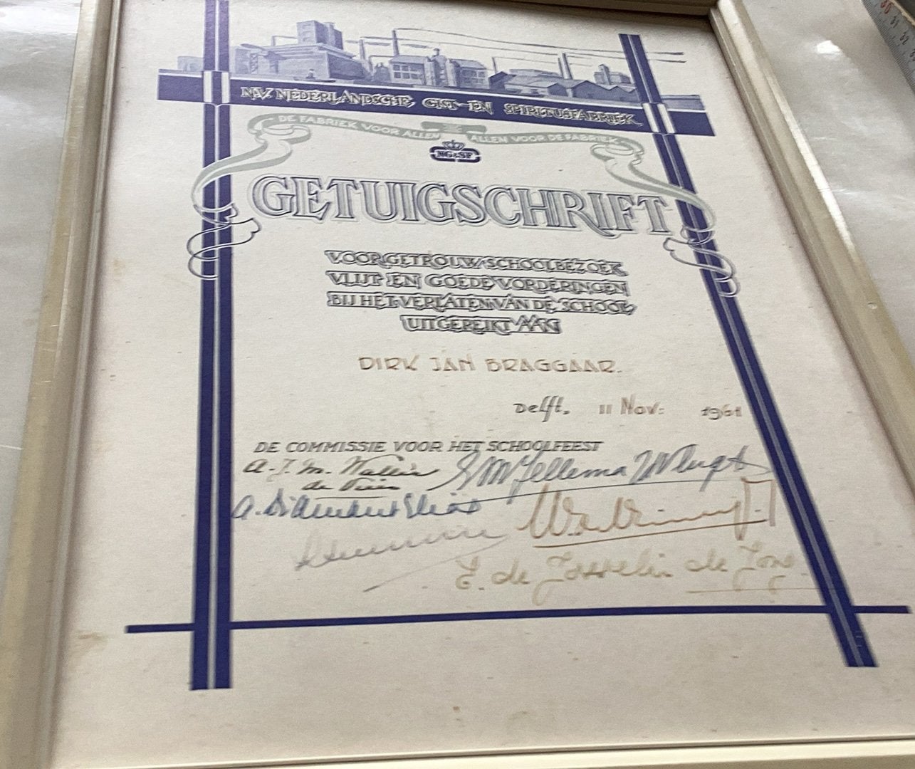 Delft getuigschrift Dirk Jan Braggaar 1961 Gids en Spirtusfa, Verzamelen, Ophalen of Verzenden, Zo goed als nieuw, Overige typen