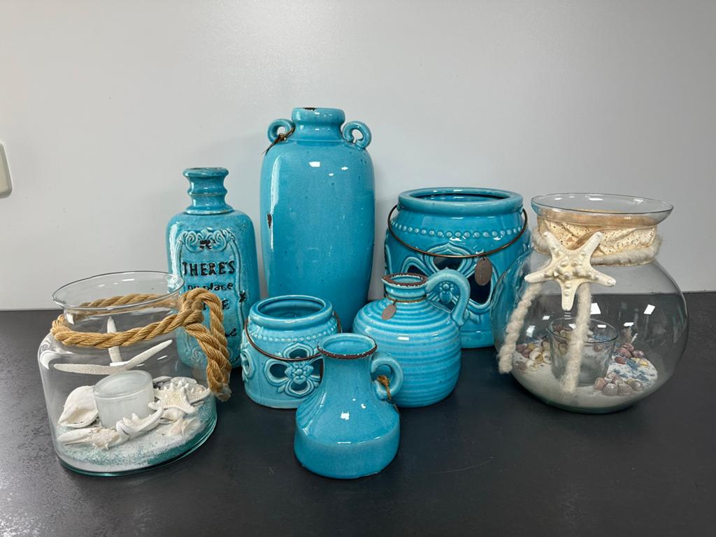 Decoratieve turquoise vazen en windlichten set, Ophalen, 50 tot 75 cm, Blauw, Aardewerk of Porselein