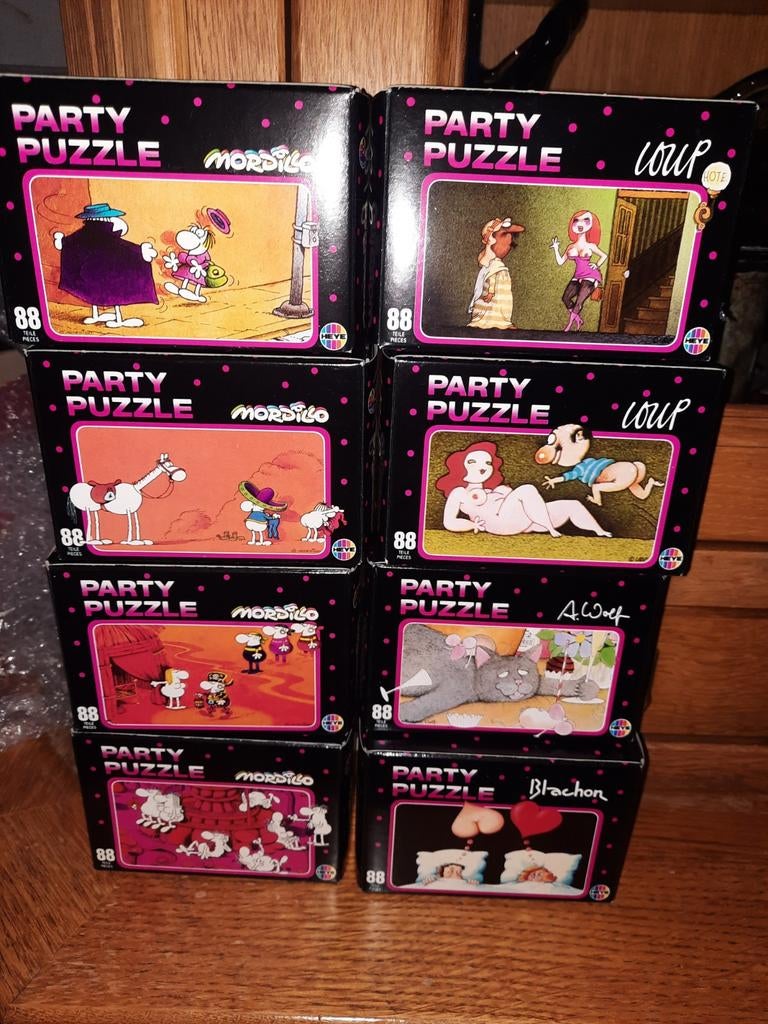 Verzameling van 8  HEYE PARTY PUZZLE ,Mordillo,loup,blachon, Hobby en Vrije tijd, Ophalen of Verzenden, Zo goed als nieuw