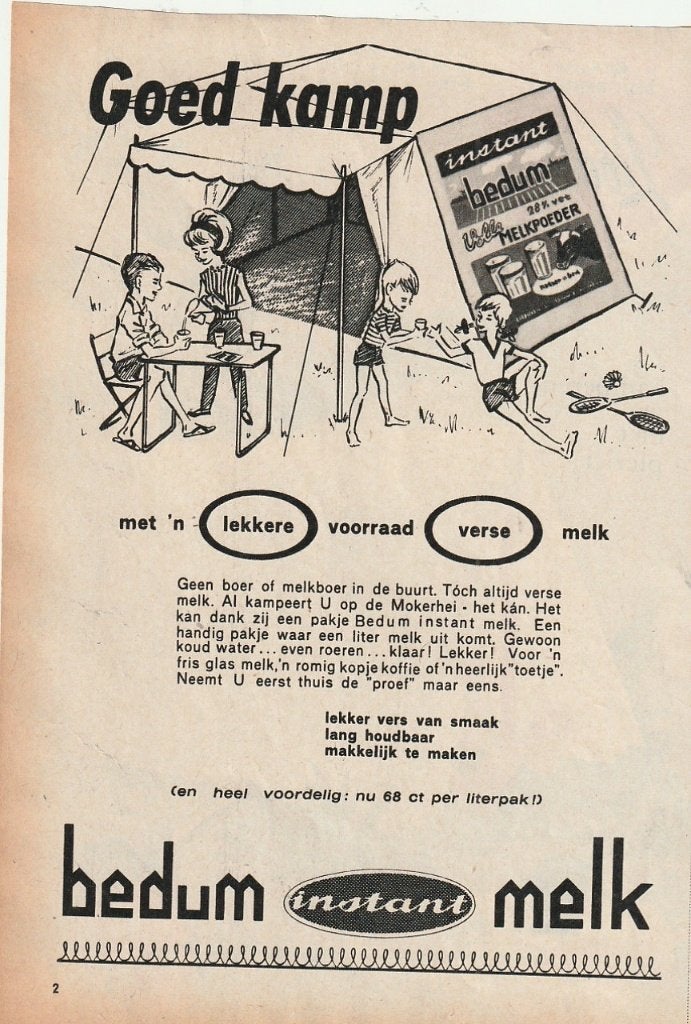 Retro reclame 1963 Bedum zuivel instant melk bij de tent, Verzenden, Overige typen