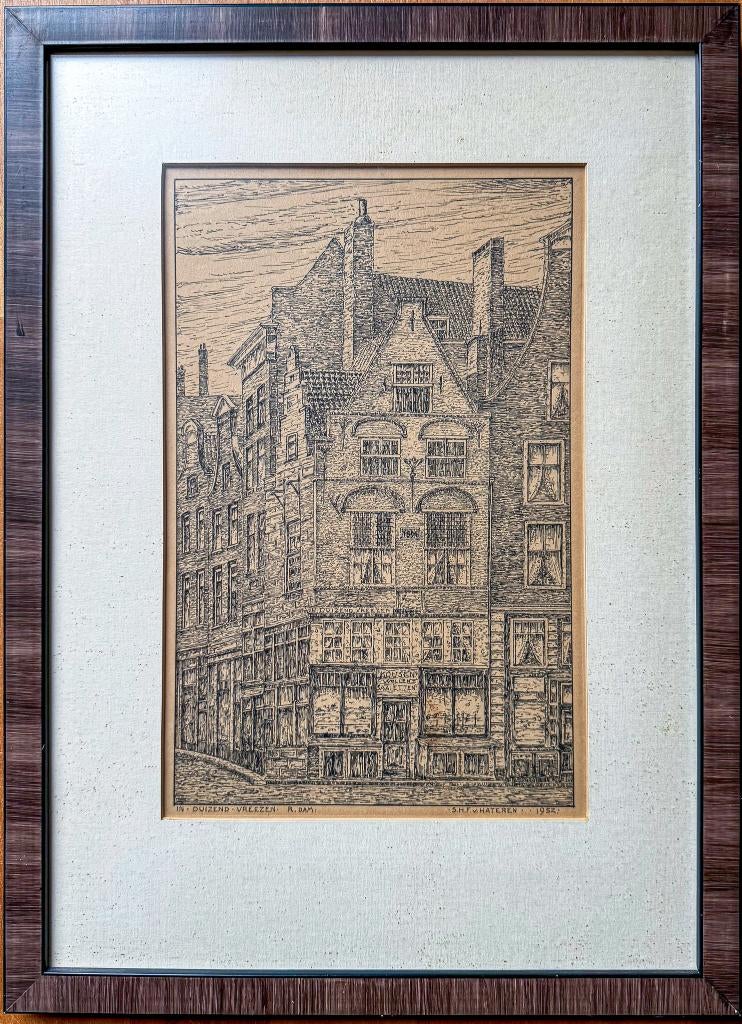 Tekening / Ets 'In Duizend Vreezen', Antiek en Kunst, Ophalen of Verzenden, Gesigneerd