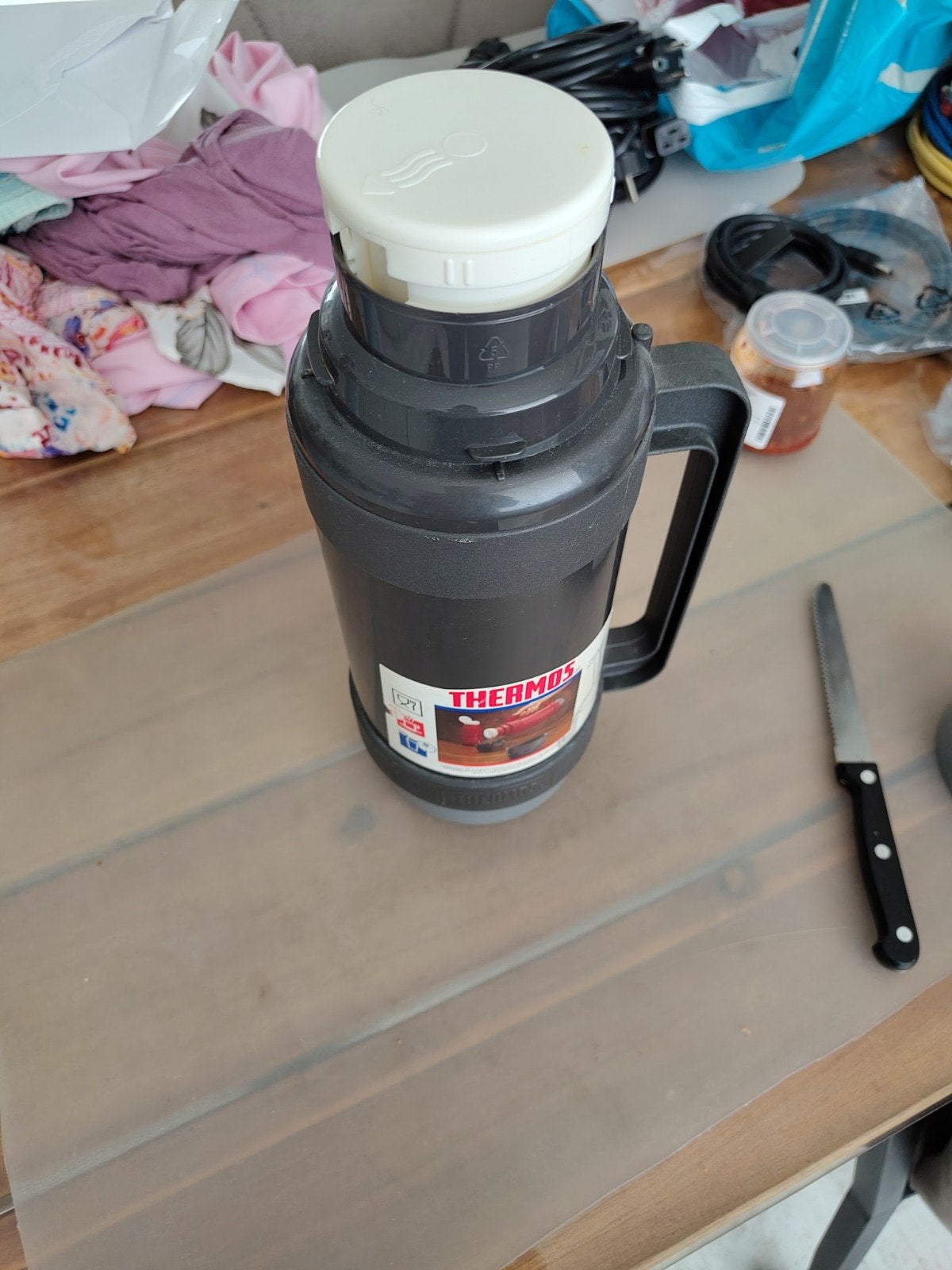 Thermoskan - Donkergrijs - 1 Liter, Theepot/fluitketel, Gebruikt, Kunststof, Ophalen of Verzenden
