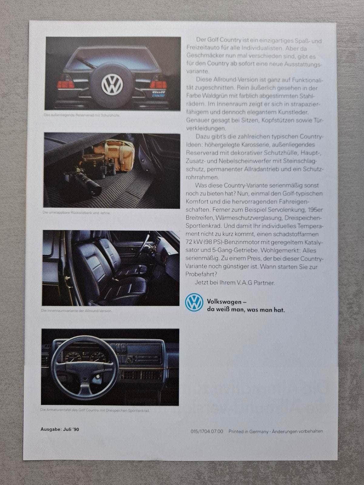 Volkswagen Golf Country Allround sheet - 1990, Ophalen of Verzenden, Zo goed als nieuw, Volkswagen