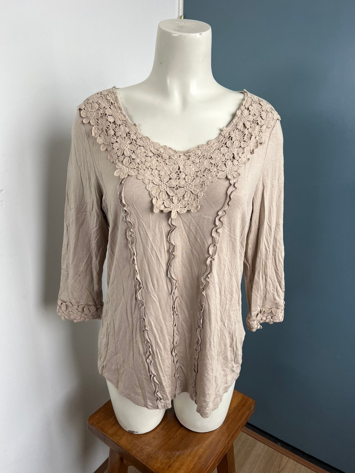 Peter hahn beige taupe tricot jersey top kant kanten 44, Beige, Maat 42/44 (L), Ophalen of Verzenden, Zo goed als nieuw