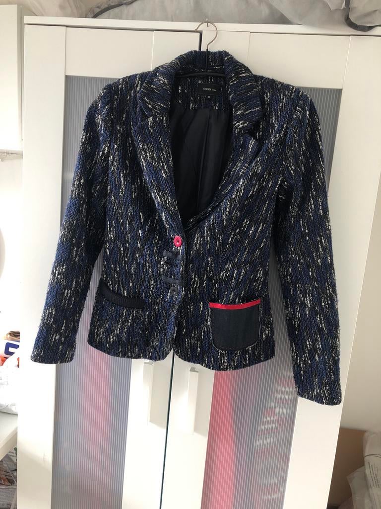 Stijlvol Dames Jasje - Blauw/Wit/Zwart Tweed Look, Maat 38/40 (M), Blauw, Ophalen of Verzenden, Zo goed als nieuw