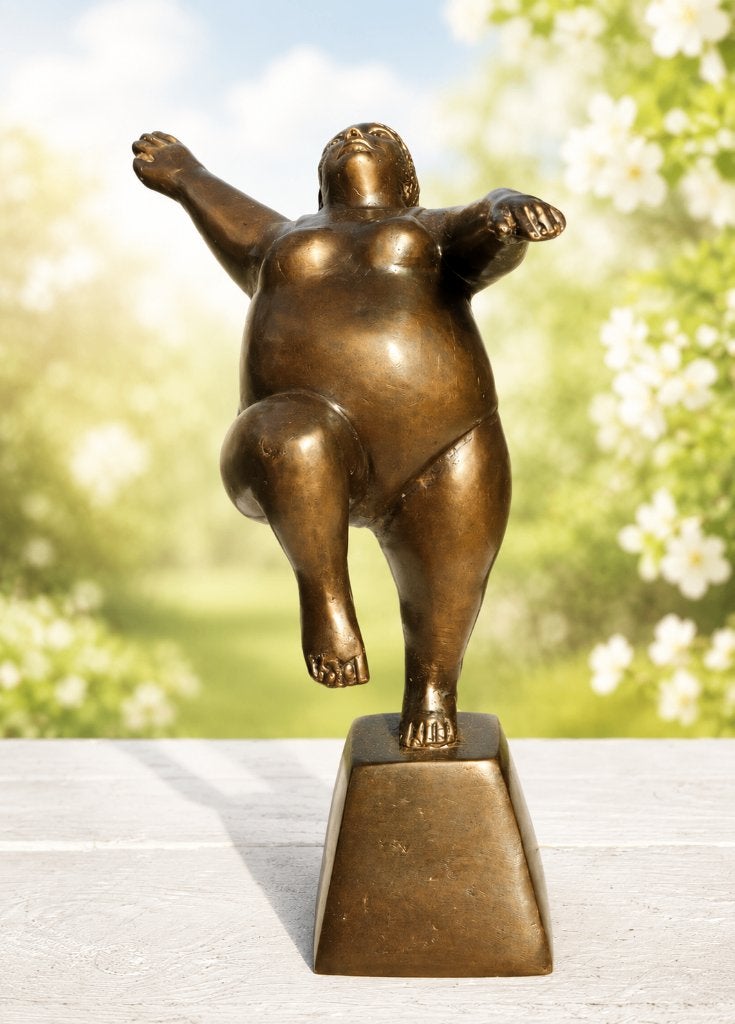 DIKKE DAME / bronzen beeld / armen omhoog