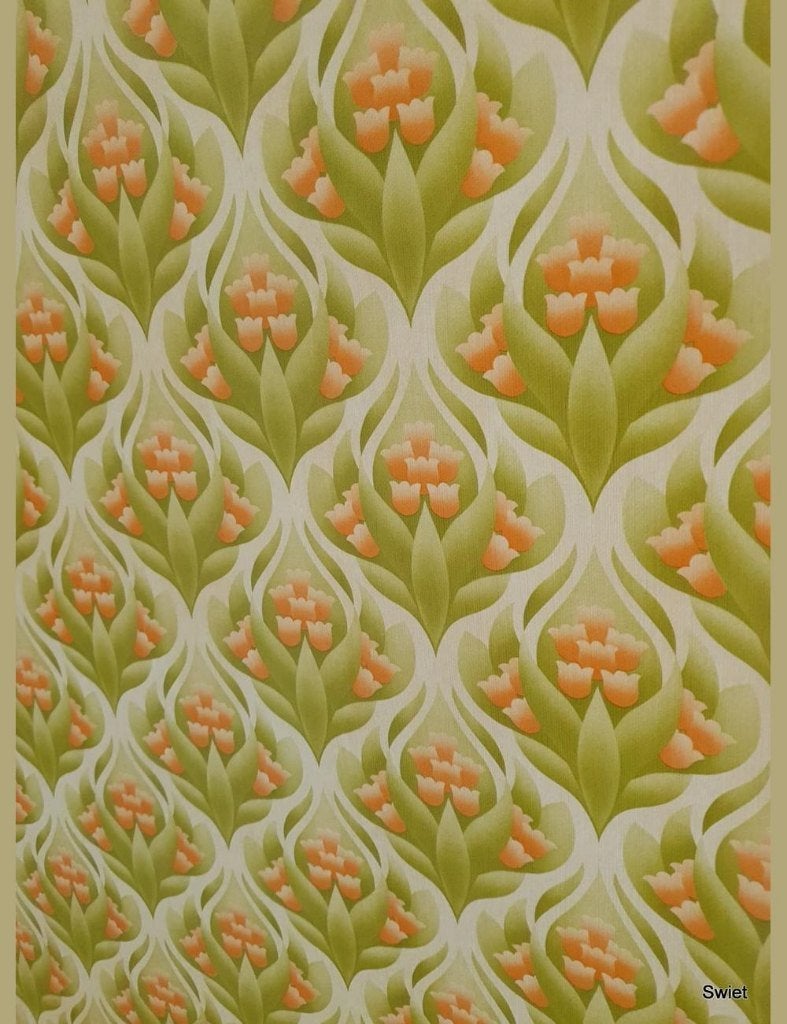 13984 retro behang grafische tulpjes groen oranje 70s swiet, Ophalen of Verzenden, Beige