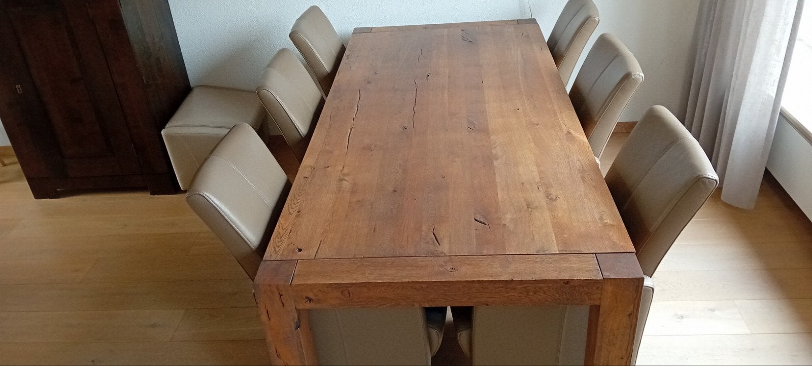 Zespersoons eethoek met lederen stoelen, Gebruikt, Overige materialen, 100 tot 150 cm, 200 cm of meer