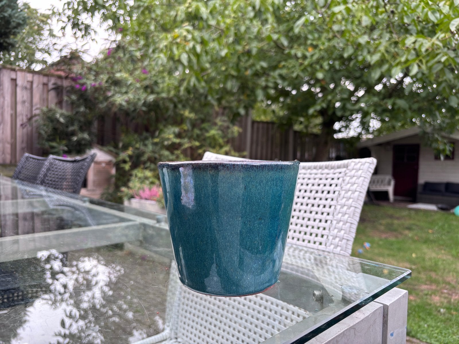 Mooie turquoise bloempot, 13 cm hoog, Ophalen, Gebruikt, Rond, Binnen