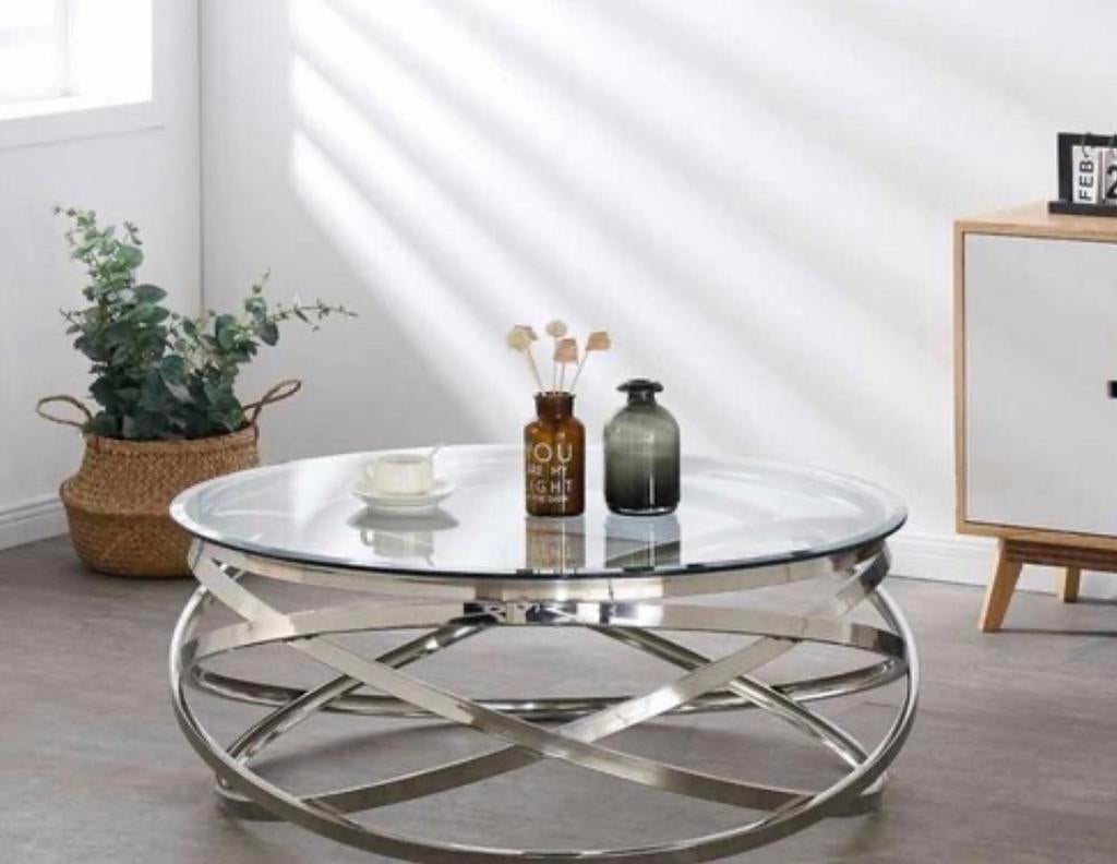 Moderne ronde salontafel met glazen blad en metalen onderste, Huis en Inrichting, Tafels | Salontafels, 50 tot 100 cm, 100 tot 150 cm