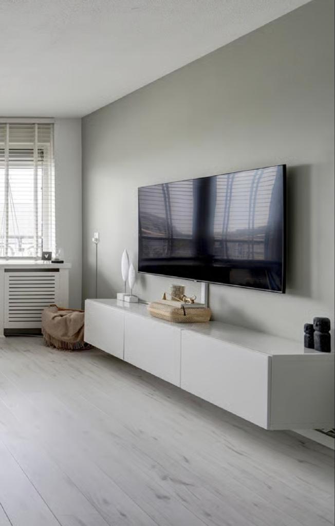 IKEA Besta tv-meubel hoogglans wit met glasplaat, Ophalen, Kunststof, Gebruikt, 150 tot 200 cm