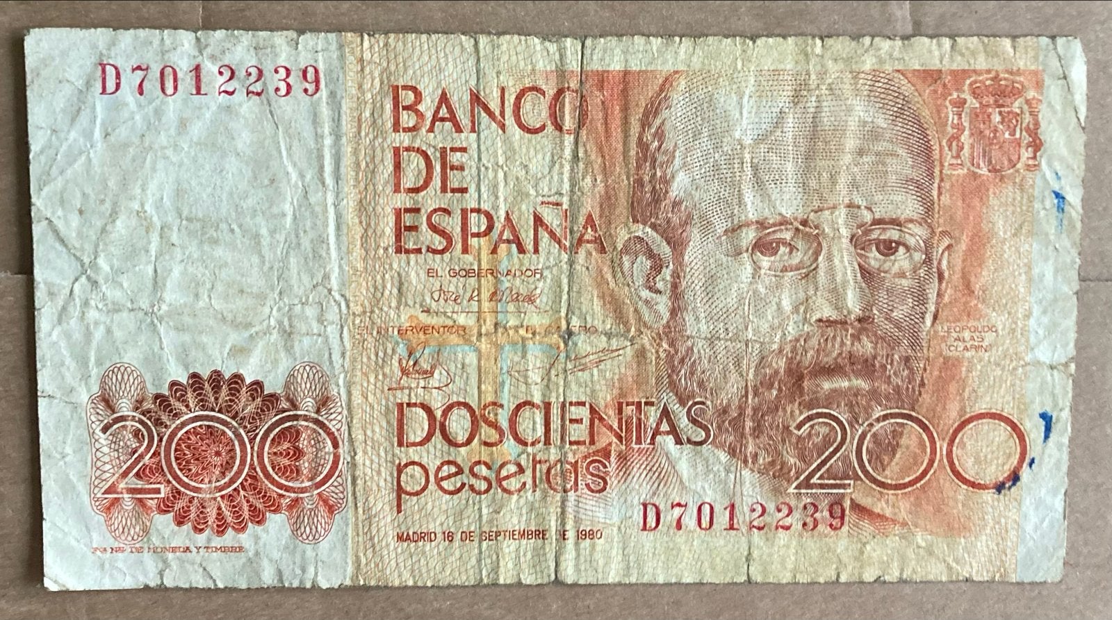200 Peseta biljet Spanje 1980 - Leopoldo Alas Clarín, Ophalen of Verzenden, Spanje, Los biljet
