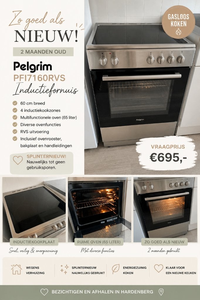 Pelgrim Inductiefornuis. NIEUWSTAAT!!, Ophalen, 60 cm of meer, 4 kookzones, Zo goed als nieuw