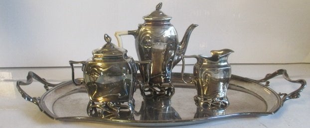 art nouveau verzilverd Vienna koffie set ontbijtset 4 stuks, Verzenden