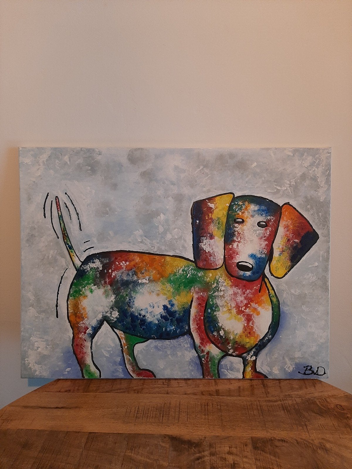 Uniek handgeschilderd schilderij Teckel 80x60 cm, Acrylverf, Ophalen of Verzenden, Dieren, Handgeschilderd