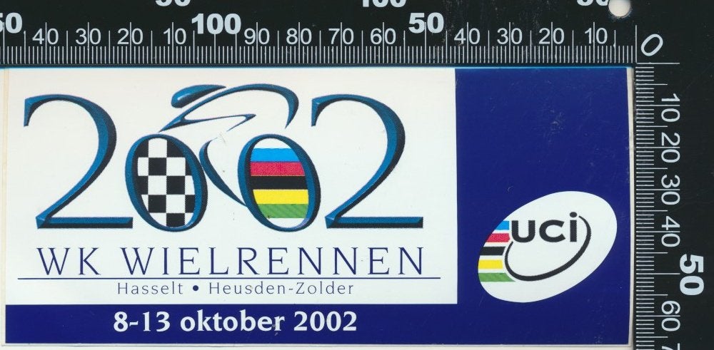 Sticker: WK Wielrennen 2002- Hasselt - Heusen Zolder, Ophalen of Verzenden, Zo goed als nieuw, Sport