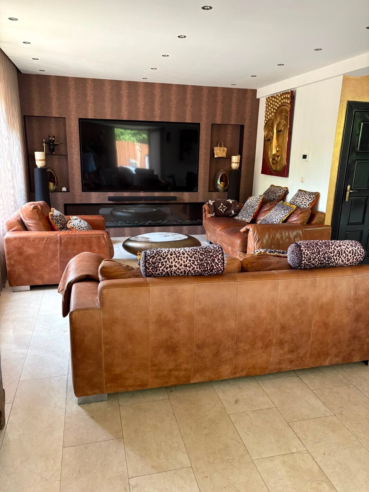 Luxe bankstel set van leer, Huis en Inrichting, Banken | Bankstellen, Gebruikt, Rechte bank, Vierpersoons of meer, 200 tot 250 cm