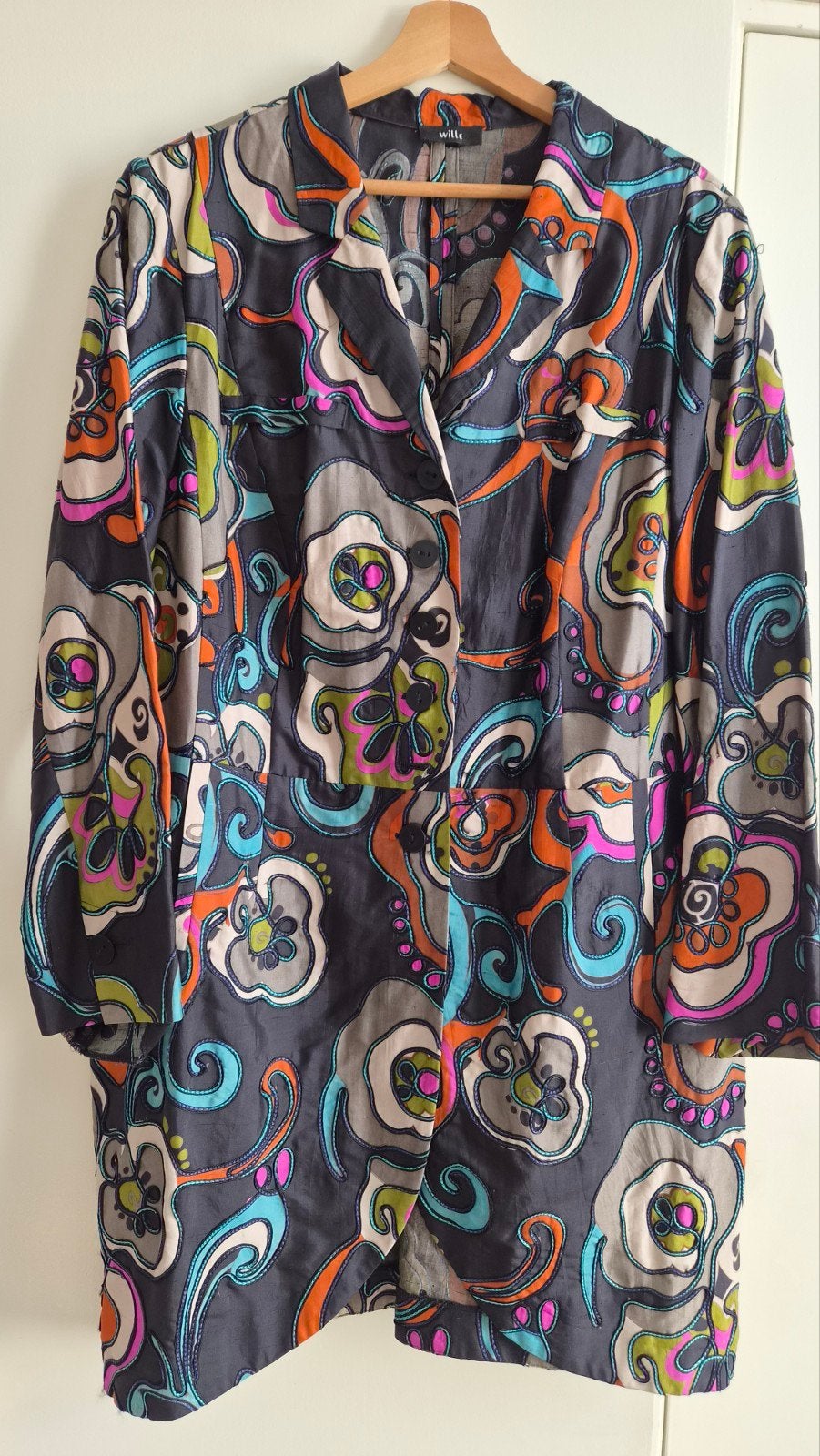 Wille, 100% zijden jas met kleurrijke print maat 50, Meerkleurig, Wille, Maat 46/48 (XL) of groter, Ophalen of Verzenden