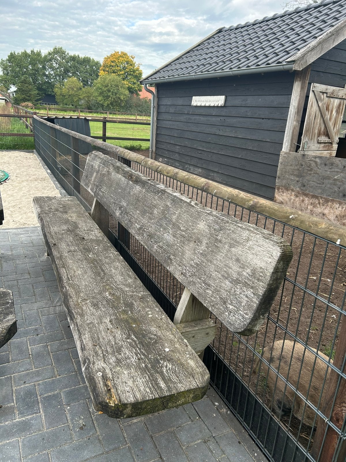 Robuuste eiken tuinbank 3 meter - Kleine beschadiging, Tuin en Terras, Ophalen, Gebruikt, Hout