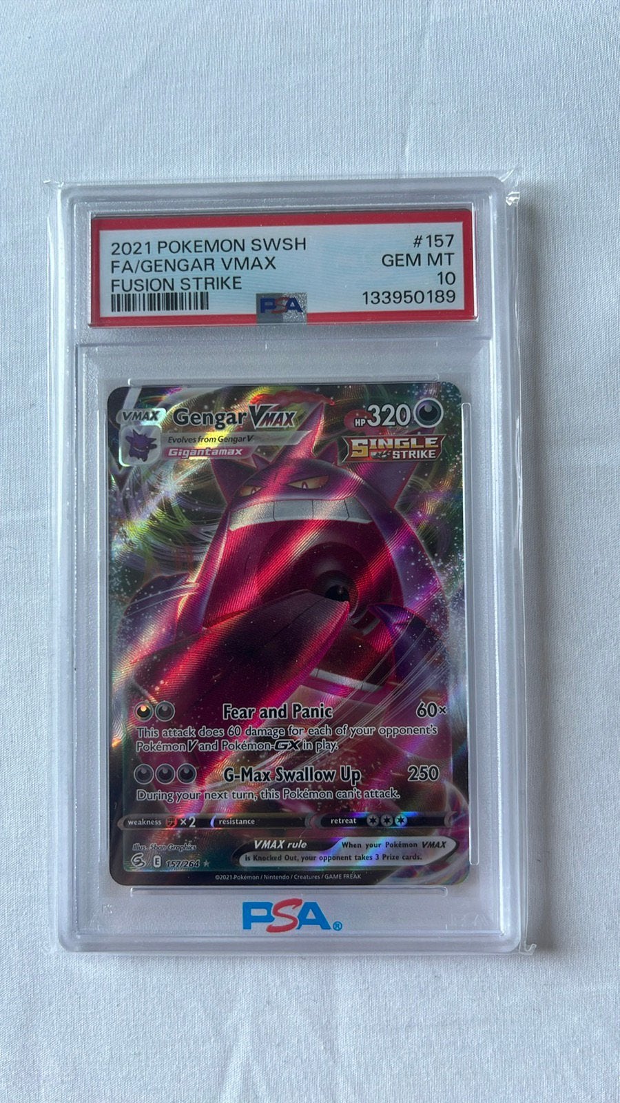 Gengar Vmax 157 PSA 10 Fusion Strike, Ophalen of Verzenden, Zo goed als nieuw