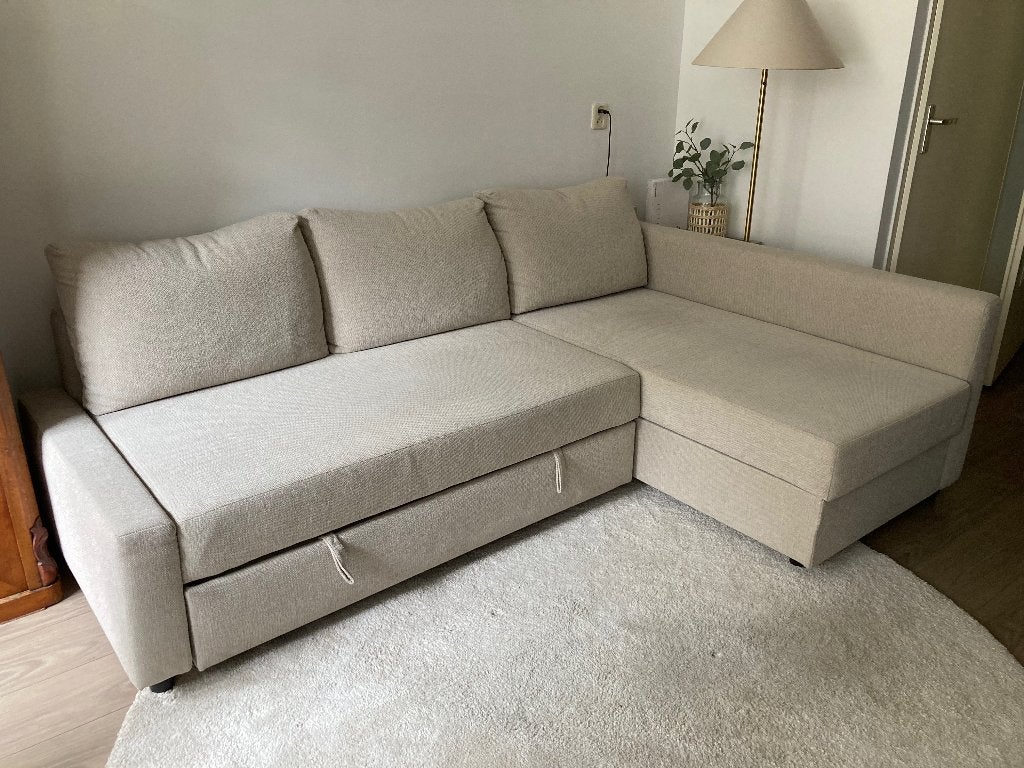 Hoekbank / slaapbank IKEA beige met opbergruimte Friheten, Ophalen, Gebruikt, Hoekbank, Stof