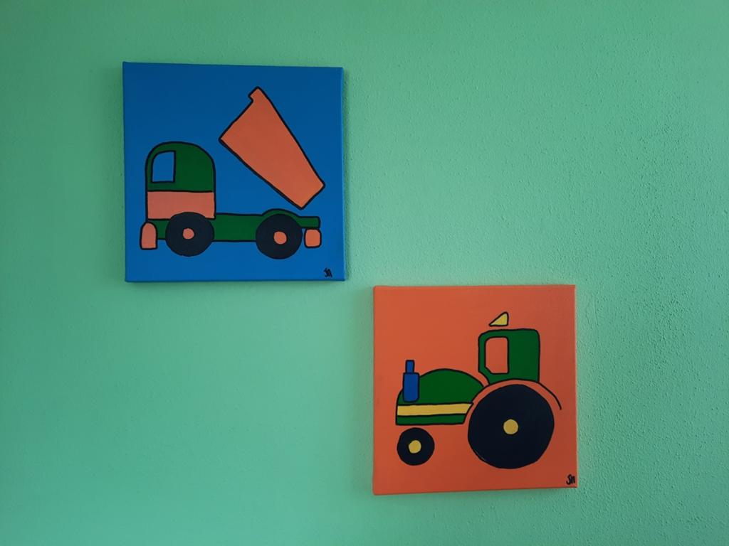 Petit Art: Tractor en Kiepwagen Canvas Schilderijen, Ophalen of Verzenden, Zo goed als nieuw, Wanddecoratie