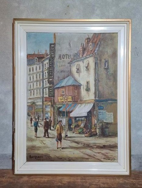 Oud vintage schilderij olieverf rue galande parijs, Ophalen of Verzenden