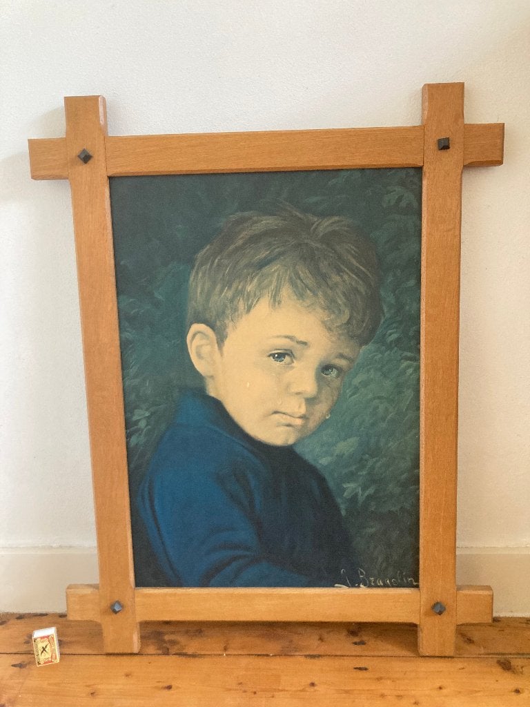 XL groot origineel Bragolin betraand jongetje kitsch vintage, Ophalen of Verzenden, Zo goed als nieuw, Schilderij, 75 – 100