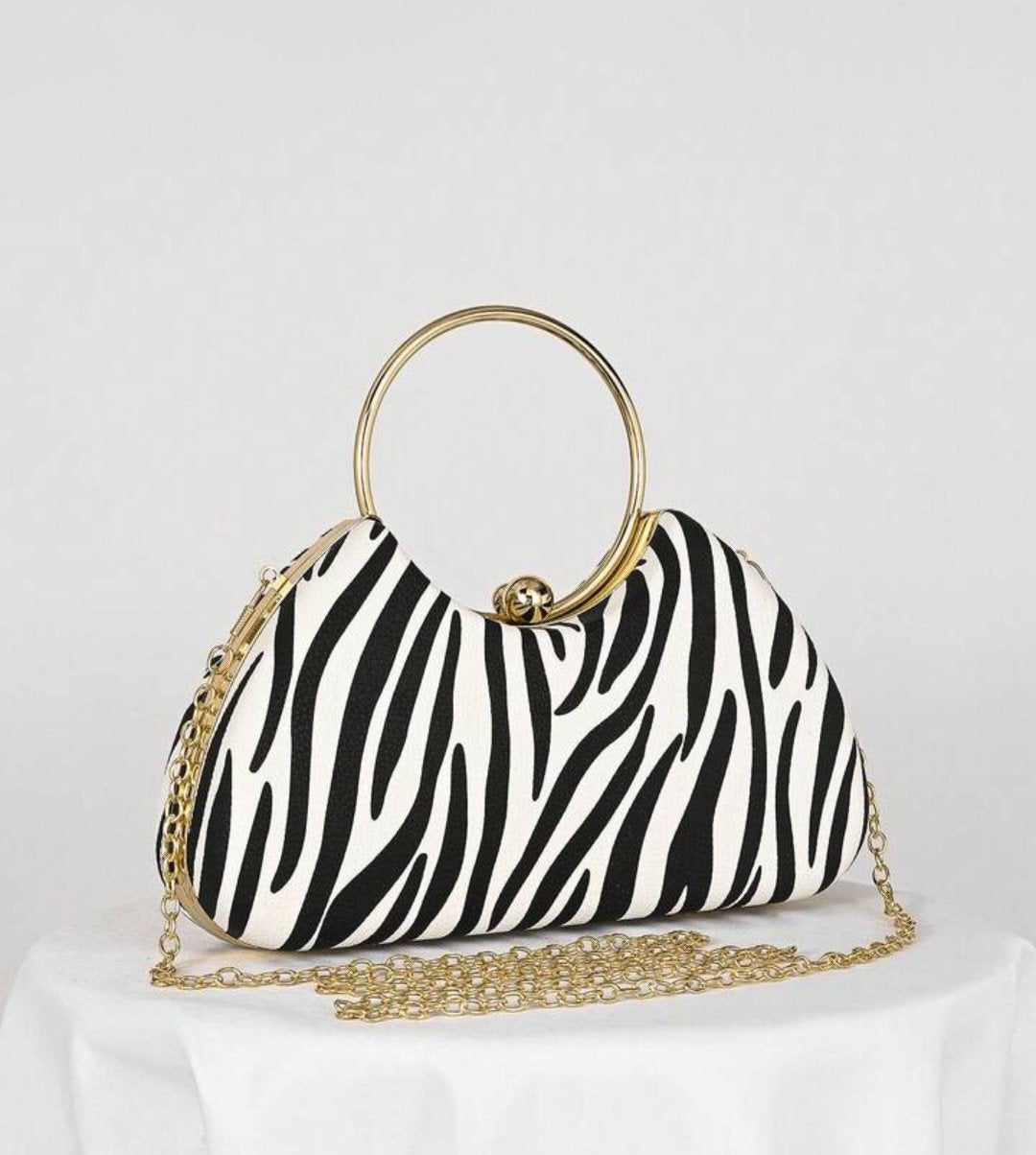 Gratis verzending Zebraprint Avondtasje met Gouden Ring, Ophalen, Nieuw, Zwart, Avondtasje