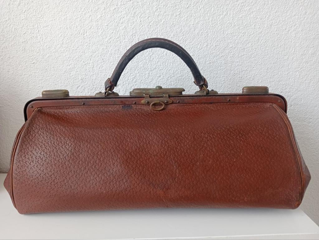 Brocante oude bruine leren Franse doktertas, Antiek en Kunst, Curiosa en Brocante, Ophalen of Verzenden
