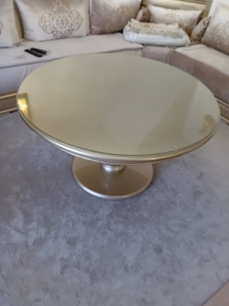 Ronde salontafel (goud / champagne) met glasplaat-NIEUWSTAAT, Ophalen, 50 – 75, Overige houtsoorten, Zo goed als nieuw