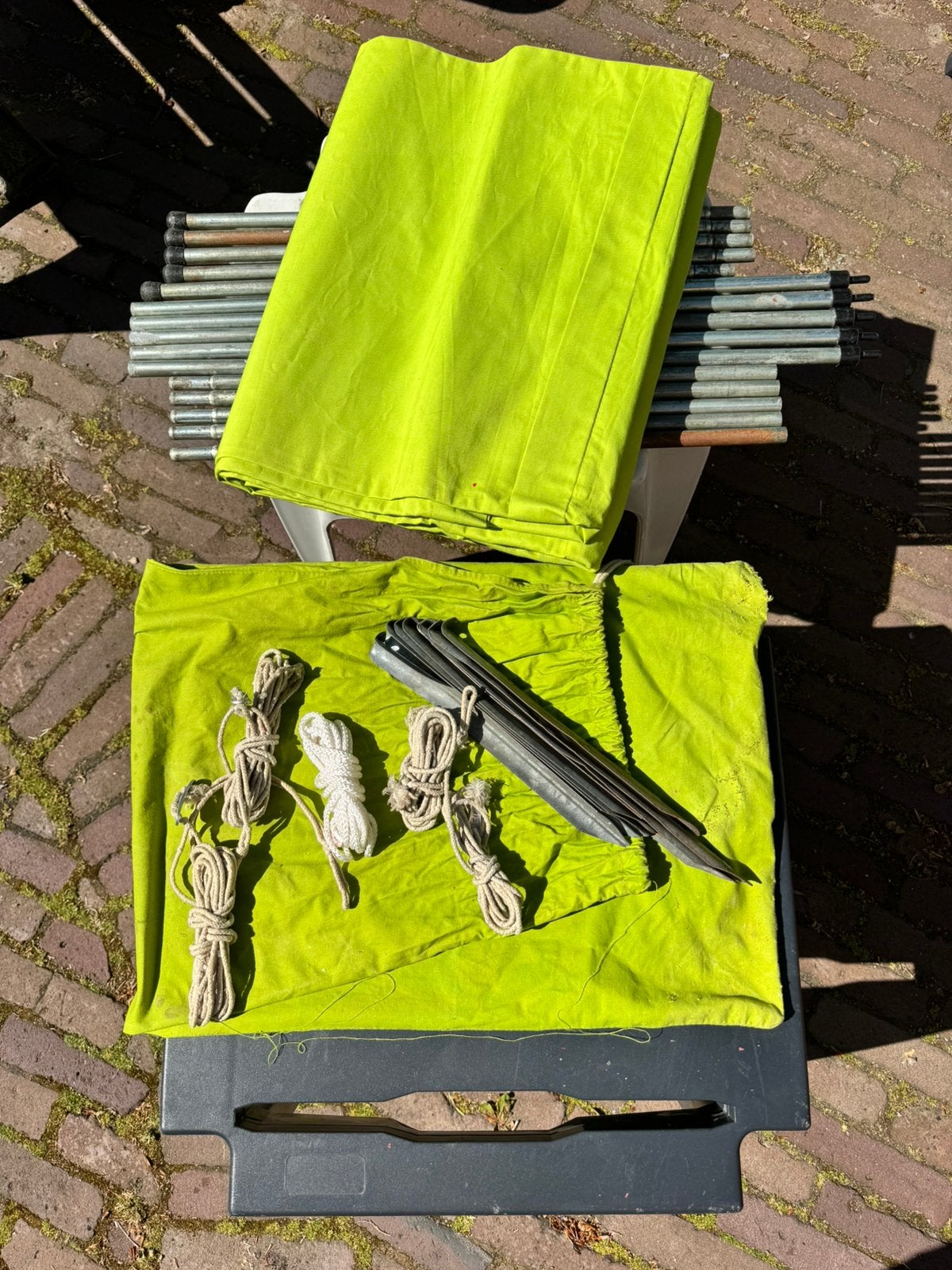 Retro stoffen windscherm in stoffen tas, Caravans en Kamperen, Ophalen of Verzenden, Gebruikt