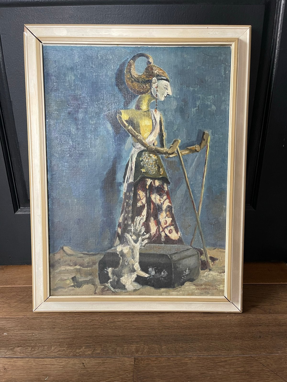 Olieverf schilderij Wayang / Wajang pop in lijst, Ophalen of Verzenden