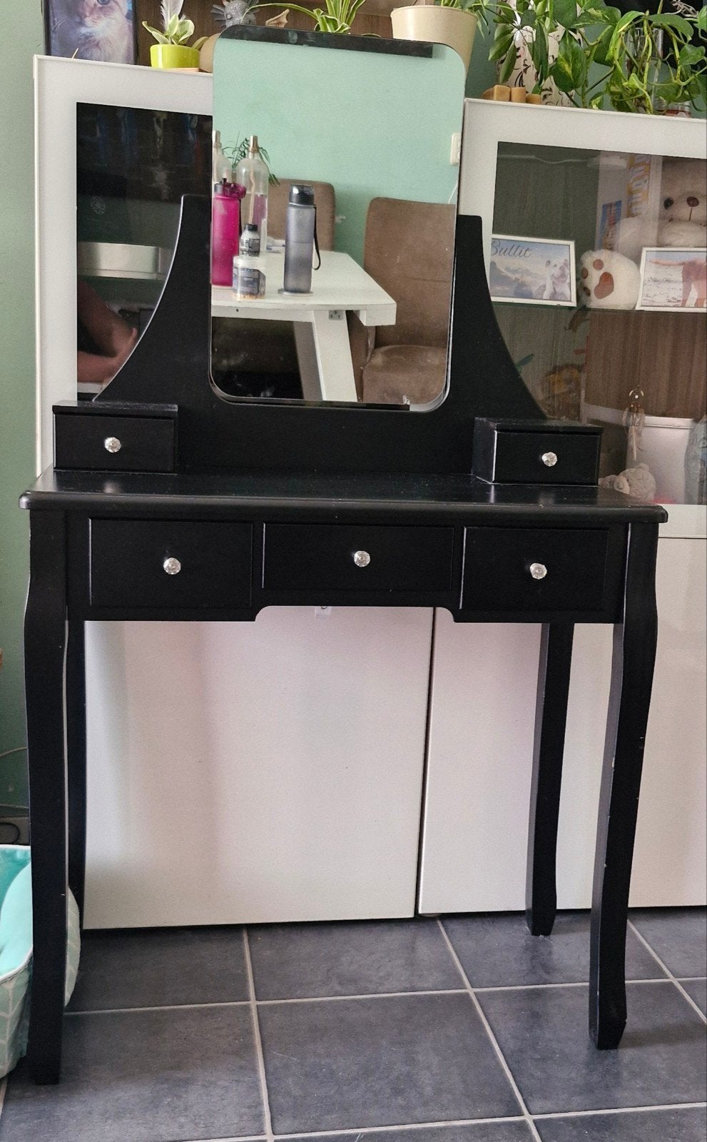 Zwart make-up tafeltje met draaibare spiegel en lades, Ophalen, Gebruikt, 100 tot 150 cm, 50 tot 100 cm