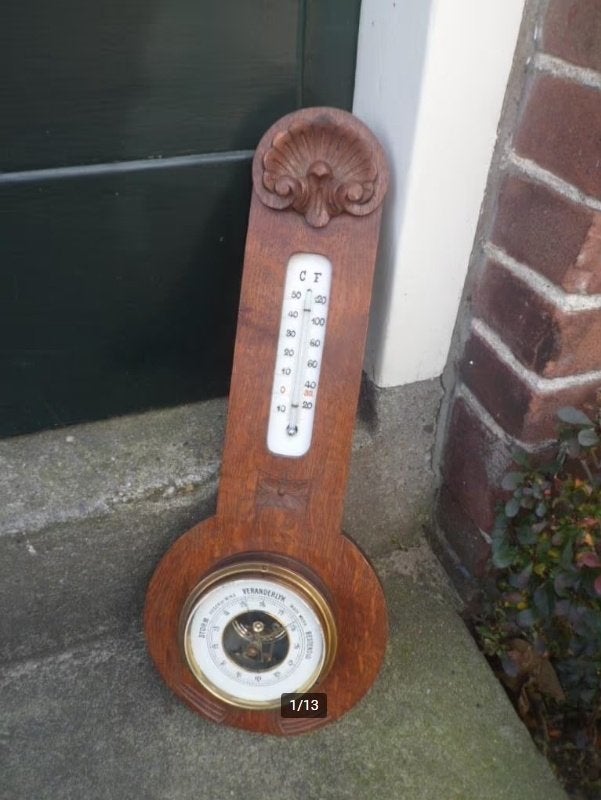 Antiek houten WEERSTATION barometer thermometer messing glas, Ophalen of Verzenden
