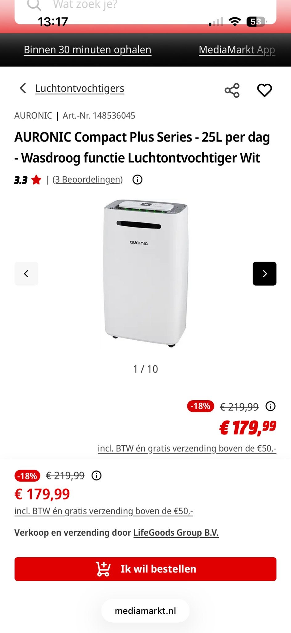 AURONIC Compact Plus Luchtontvochtiger 25L/dag Nieuw, !, Luchtontvochter, Nieuw, !!