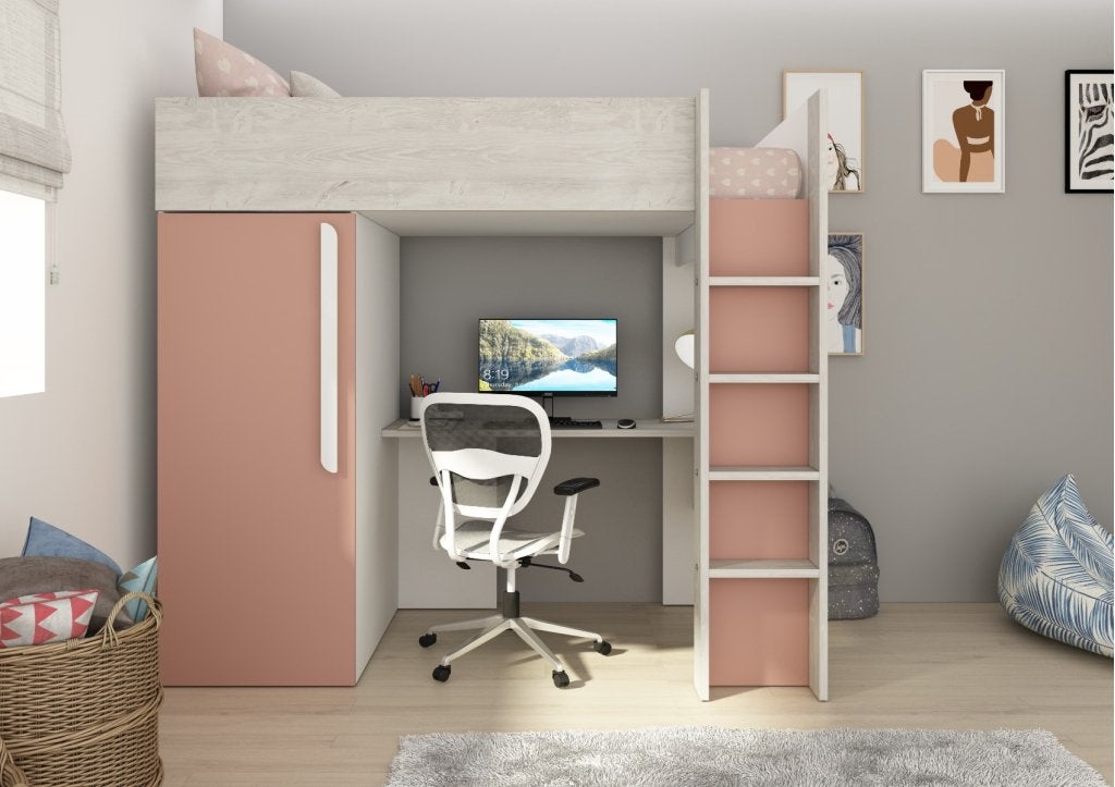 Studio 1803 hoogslaper met bureau en kast - 90x200 - Oudroze, Niet ingevuld, Niet ingevuld, Niet ingevuld