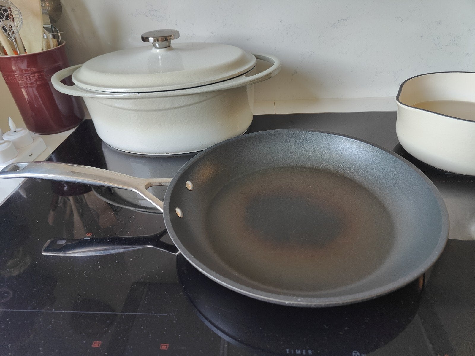 Le Creuset koekenpan 28 cm - Gebruikt, Huis en Inrichting, Keuken | Potten en Pannen, Gebruikt, Gietijzer, Ophalen of Verzenden