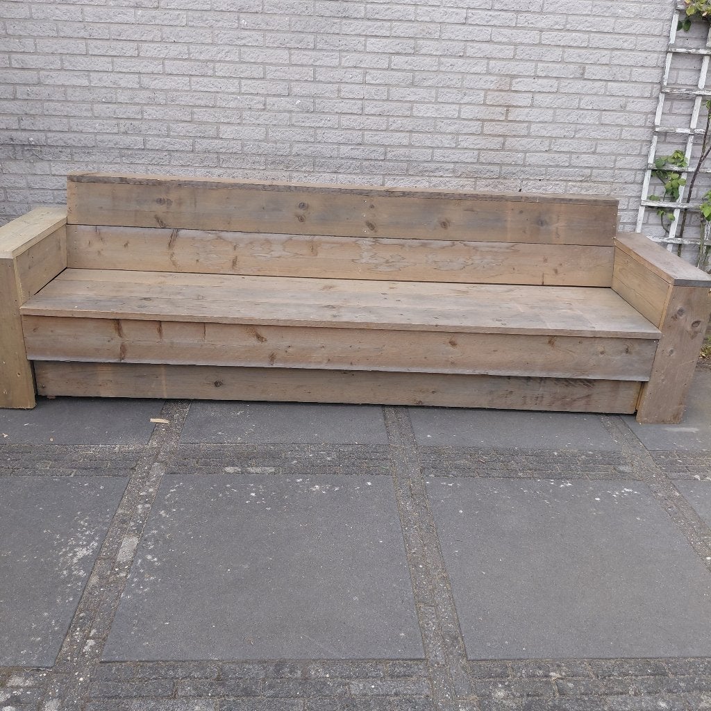 2 Houten banken van stijgerplanken €120,00 per stuk, Ophalen, 250 tot 300 cm, Gebruikt, Rechte bank