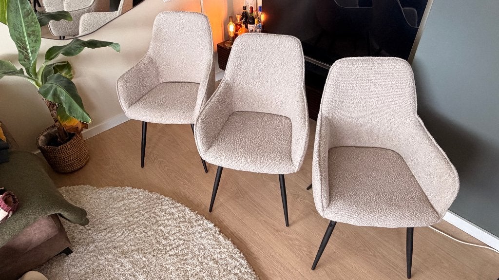 4x stoelen Harbo bouclé beige ZGAN, Ophalen, Overige kleuren, Zo goed als nieuw, Stof