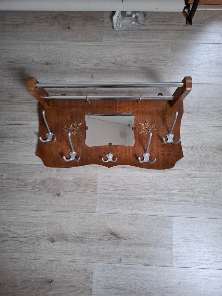Oude houten kapstok met spiegel, Gebruikt, Minder dan 100 cm, Hout, Ophalen
