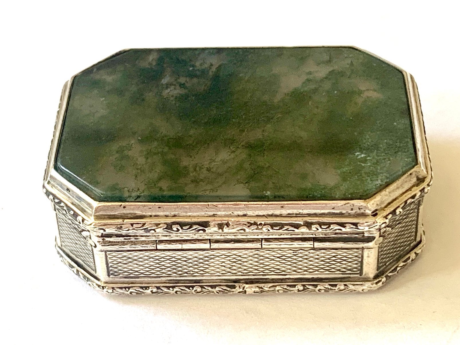 Art Deco zilveren snuifdoosje, doosje met mosagaat deksel., Antiek en Kunst, Ophalen of Verzenden, Zilver