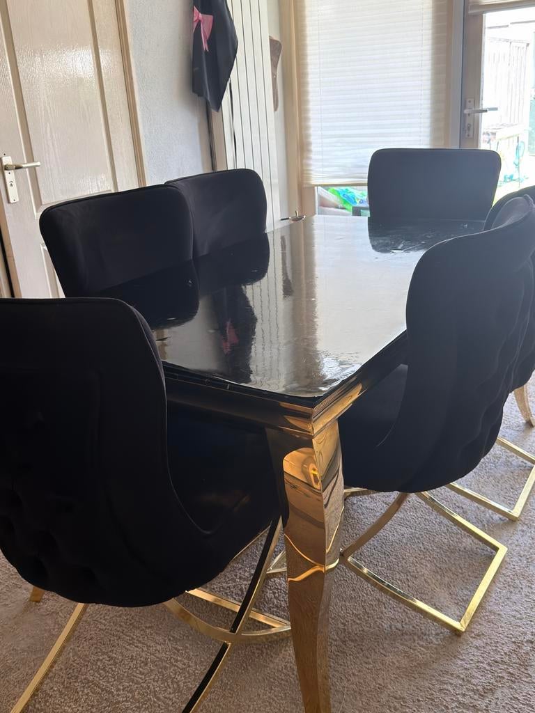 Luxe eettafel met 6 stoelen - Zwart & Goud set salontafel, Ophalen of Verzenden, Zo goed als nieuw