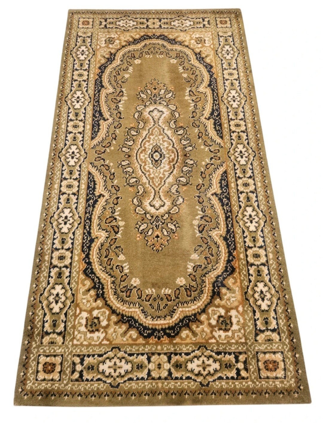 Vintage oosters wol vloerkleed medallion green 82x161cm, Gebruikt, Geel, Klassiek, Oosters, Traditioneel, Www.hypepopup.nl